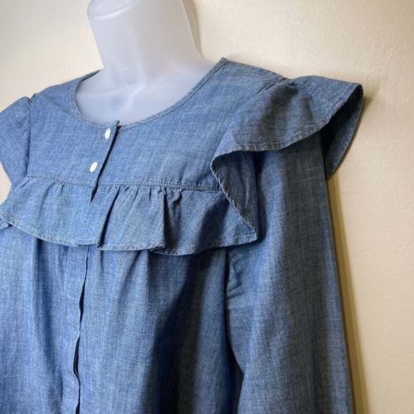 Madewell | Chambray Long Sleeve Ruffled Yoke Bib Cottage Core Prairie Blouse - Picture 7 of 15